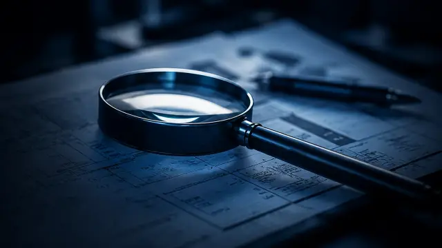 Lupa sobre documentos técnicos, representando a análise crítica de laudos periciais