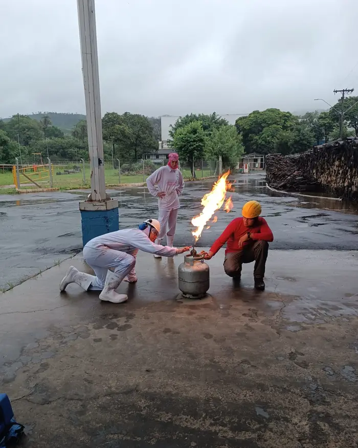 Turma de brigada orgânica durante treinamento prático em empresa
