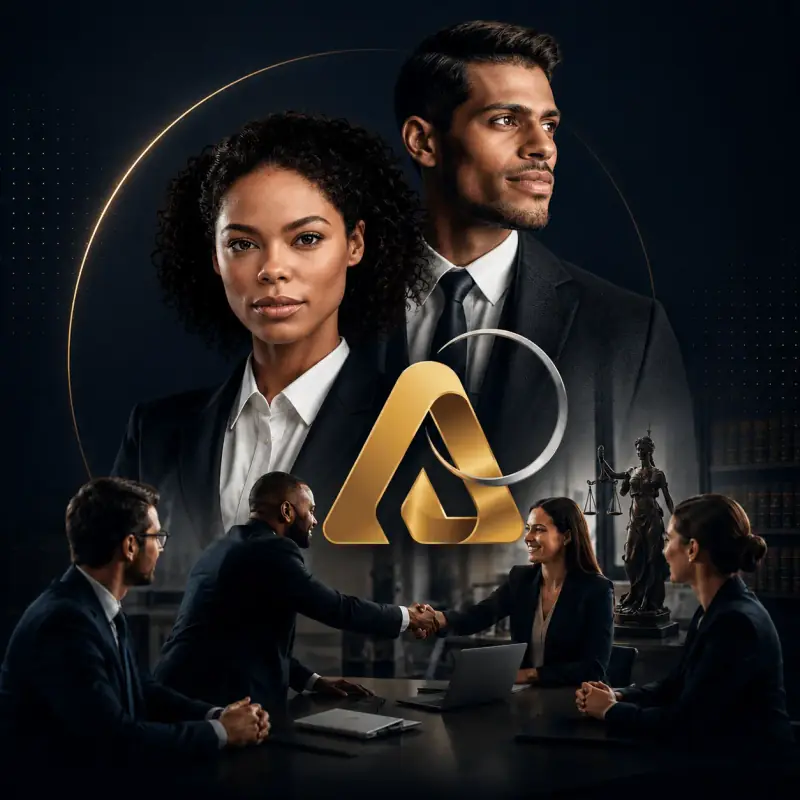 Ilustração de reunião entre equipe técnica e advogados em escritório corporativo